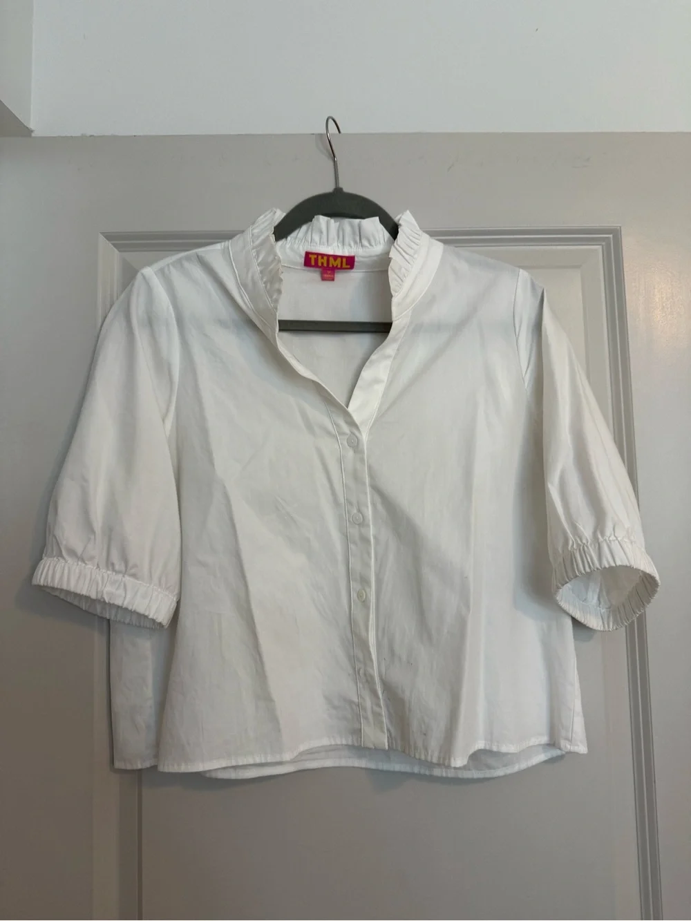 THML White Ruffled Stand-Collar Button Front Blouse